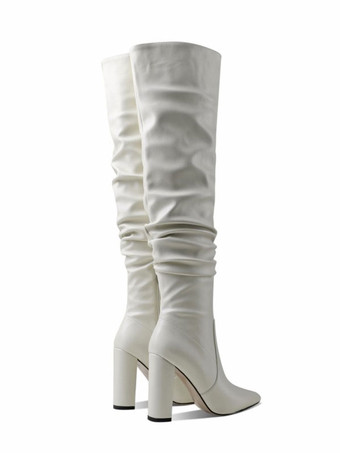 アイボリー 女性オーバーザニーブーツチャンキーヒールPUレザーブラックサイハイブーツ