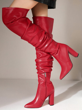 女性オーバーザニーブーツチャンキーヒールPUレザーブラックサイハイブーツ