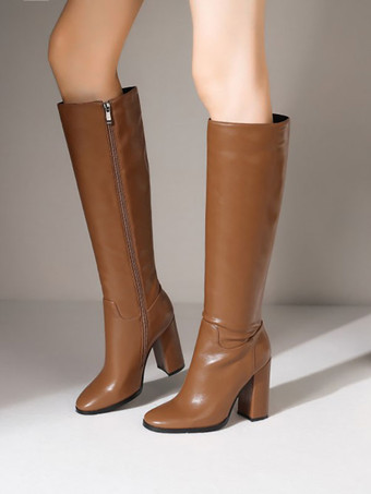 ブラウン 女性ブーツ チャンキーヒール PU レザー ブラック ニーハイブーツ