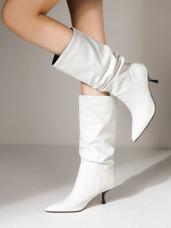 女性ブーツスティレットヒール尖ったつま先PUレザーブラックミッドカーフブーツ