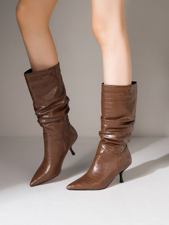 女性ブーツスティレットヒール尖ったつま先PUレザーブラックミッドカーフブーツ