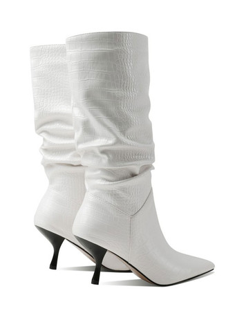 女性ブーツスティレットヒール尖ったつま先PUレザーブラックミッドカーフブーツ