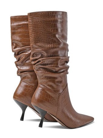 女性ブーツスティレットヒール尖ったつま先PUレザーブラックミッドカーフブーツ