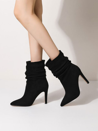 女性ミッドカーフブーツECRUホワイトマイクロスエードアッパーポイントトゥスティレットヒールブーティ