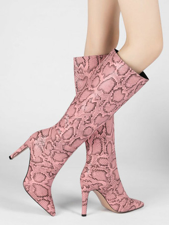Women Boots Peach Pink Pointed Toe Stiletto Heel Knee High Boots