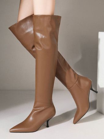 ライトブラウン膝の上の女性の上の女性スティレットヒール尖ったつま先のPUレザーエリックホワイトホワイトホワイトハイブーツ