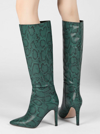 Green Women Boots Peach Pink Pointed Toe Stiletto Heel Knee High Boots