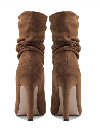 女性ミッドカーフブーツECRUホワイトマイクロスエードアッパーポイントトゥスティレットヒールブーティ