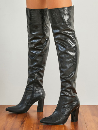 ニーブーツ上の女性チャンキーヒールPUレザーブラックサイハイブーツ