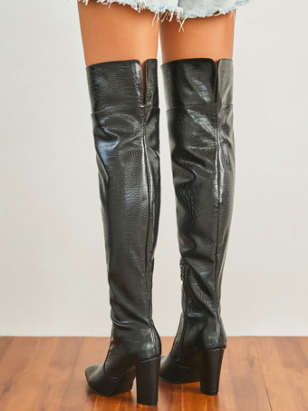 ニーブーツ上の女性チャンキーヒールPUレザーブラックサイハイブーツ