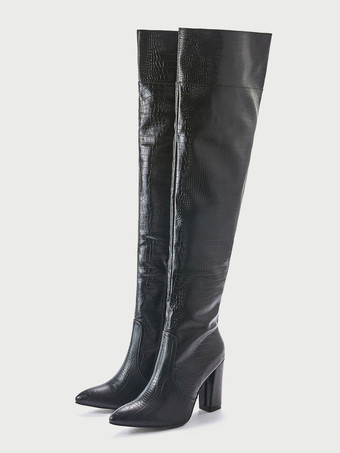 ニーブーツ上の女性チャンキーヒールPUレザーブラックサイハイブーツ