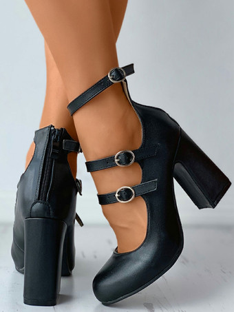 Women High Heels Chunky Heel Pumps PU Leather Black Ankle Strap Vintage Shoes
