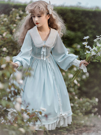 ロリータドレス スウィート ポリエステル 長袖 フリルレース 弓 スイートロリータワンピースドレス