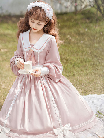 ロリータドレス スウィート ポリエステル 長袖 フリルレース 弓 スイートロリータワンピースドレス