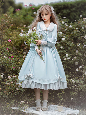 ライトスカイブルーロリータドレス スウィート ポリエステル 長袖 フリルレース 弓 スイートロリータワンピースドレス