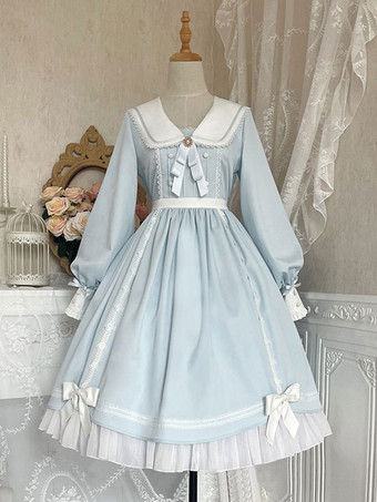ロリータドレス スウィート ポリエステル 長袖 フリルレース 弓 スイートロリータワンピースドレス