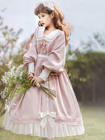 Vestido Sweet Lolita de Poliéster Mangas Compridas Babados Laços de Renda Rosa Vestido de Uma Peça Sweet Lolita