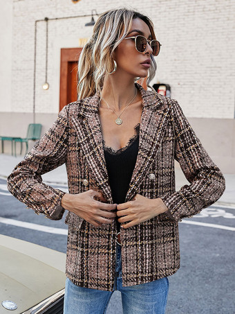 女性ブレザーファッションターンダウンカラーボタン長袖チェック柄コーヒーブラウンブレザーコート