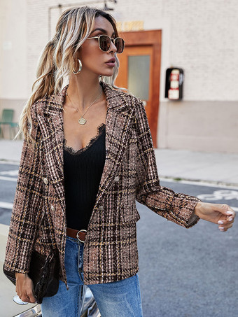 女性ブレザーファッションターンダウンカラーボタン長袖チェック柄コーヒーブラウンブレザーコート