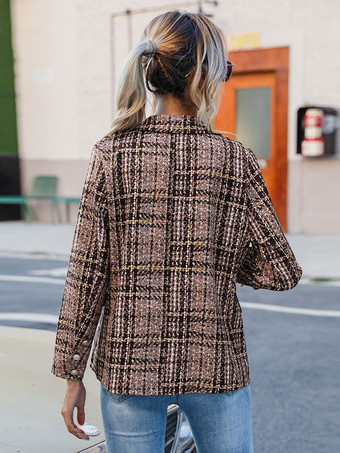 女性ブレザーファッションターンダウンカラーボタン長袖チェック柄コーヒーブラウンブレザーコート