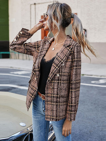 女性ブレザーファッションターンダウンカラーボタン長袖チェック柄コーヒーブラウンブレザーコート