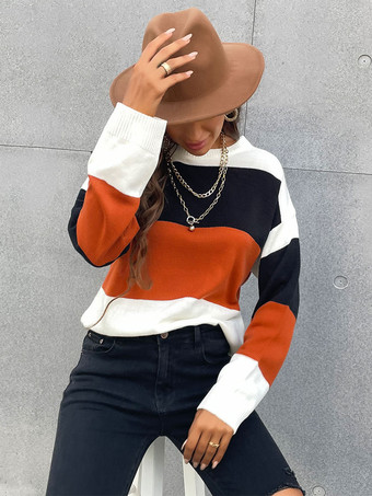 女性プルオーバーセーターホワイトカラーブロックジュエルネック長袖ストレッチポリエステルセーター