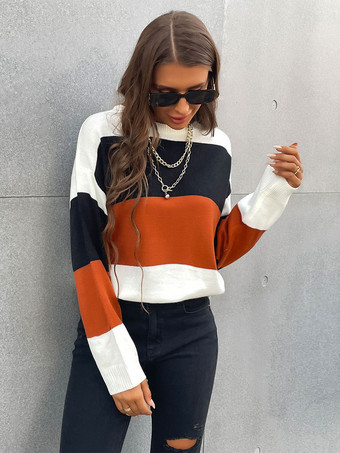 女性プルオーバーセーターホワイトカラーブロックジュエルネック長袖ストレッチポリエステルセーター