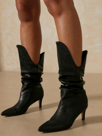 ブラック 女性のブーツ先のとがったつま先スティレットヒールPUレザーエリックホワイトアンクルブーツ