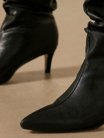 女性のブーツ先のとがったつま先スティレットヒールPUレザーエリックホワイトアンクルブーツ