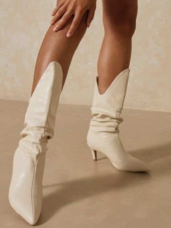 女性のブーツ先のとがったつま先スティレットヒールPUレザーエリックホワイトアンクルブーツ