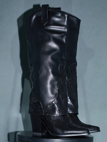 レディースブーツポインテッドトゥチャンキーヒールPUレザーブラックニーハイブーツ