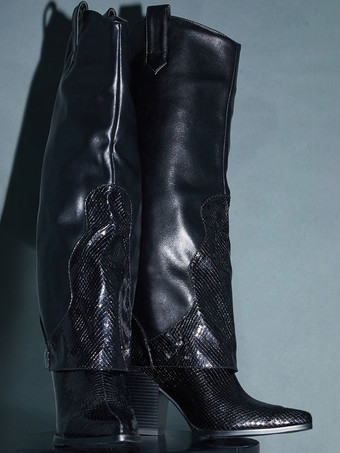 レディースブーツポインテッドトゥチャンキーヒールPUレザーブラックニーハイブーツ