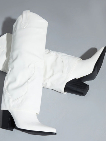 レディースブーツポインテッドトゥチャンキーヒールPUレザーブラックニーハイブーツ