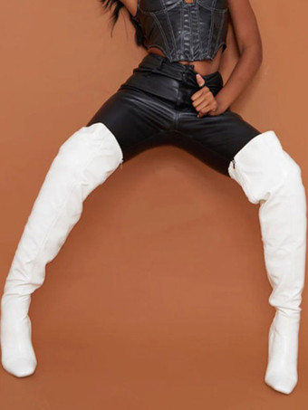 サイハイブーツ ポインテッドトゥ 厚いヒール ニーブーツ 女性 PUレザー白い