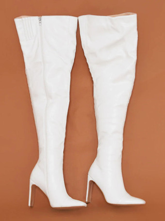 サイハイブーツ ポインテッドトゥ 厚いヒール ニーブーツ 女性 PUレザー白い
