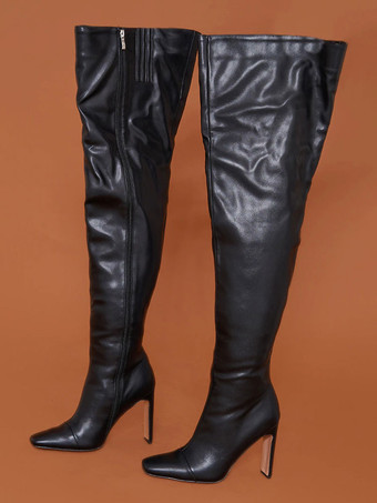 サイハイブーツ ポインテッドトゥ 厚いヒール ニーブーツ 女性 PUレザー白い