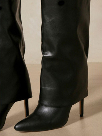 女性のブーツ スティレットヒール ポインテッドトゥ PU レザー ブラック ミッドカーフ ブーツ