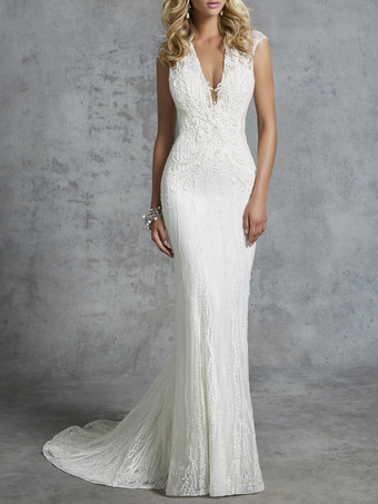White Mermaid Wedding Dress For Women V Neck Sleeveless Lace With Train Bridal Dress Free Customization
