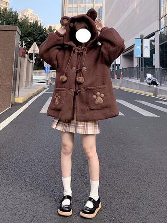 Lolitashow Lolita Coats Coffee Brown Pom Poms Color Block Overcoat Polyester Fall Lolita Outwears