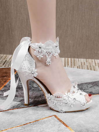 結婚式の靴ホワイトサテンアッパーのぞき見つま先の花ゴブレットヒールアンクルストラップヒール