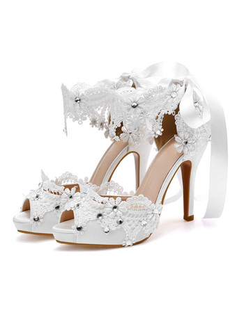 結婚式の靴ホワイトサテンアッパーのぞき見つま先の花ゴブレットヒールアンクルストラップヒール