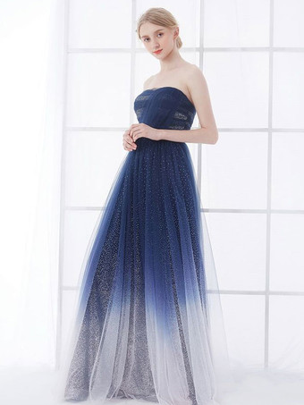 ダークネイビーネイビーブルーのウェディングドレスストラップレスノースリーブレースアップナチュラルウエストフロアレングスレースチュールAラインブライダルガウン