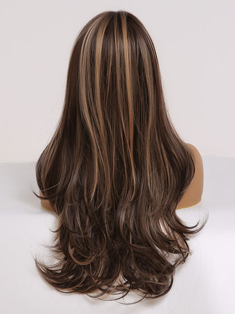 女性のための長いかつらコーヒーブラウン耐熱繊維シックな乱れた長い合成かつら