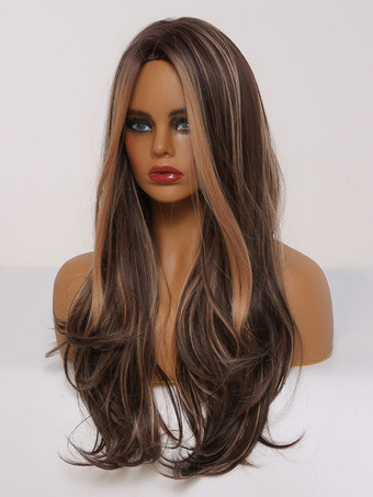 女性のための長いかつらコーヒーブラウン耐熱繊維シックな乱れた長い合成かつら