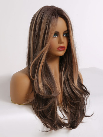 女性のための長いかつらコーヒーブラウン耐熱繊維シックな乱れた長い合成かつら