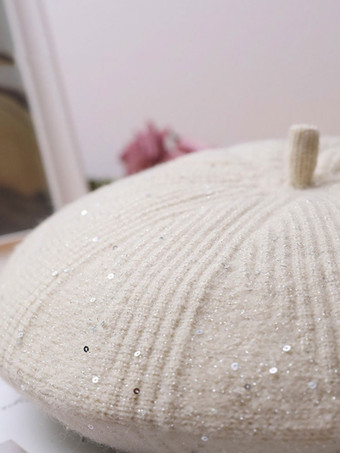 アイボリー 女性の帽子の帽子甘いスパンコールアクリル繊維の緑の帽子