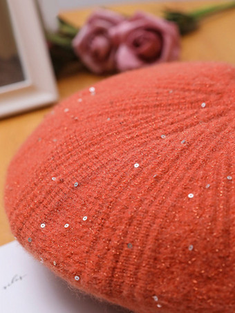 ブリックレッド女性の帽子の帽子甘いスパンコールアクリル繊維の緑の帽子