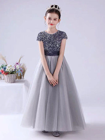 シルバーピンクのフラワーガールのドレスジュエルネックチュール半袖床の長さAラインサッシキッズソーシャルパーティードレス