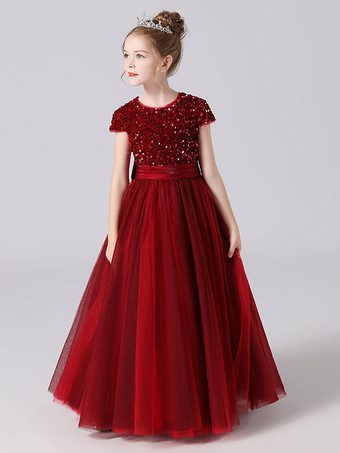 バーガンディーピンクのフラワーガールのドレスジュエルネックチュール半袖床の長さAラインサッシキッズソーシャルパーティードレス