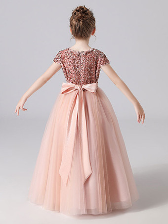 ピンクのフラワーガールのドレスジュエルネックチュール半袖床の長さAラインサッシキッズソーシャルパーティードレス